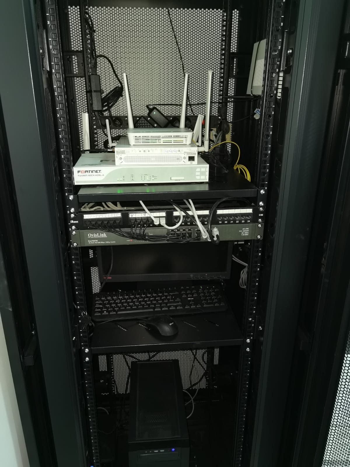 Interior de armario rack con servidor instalado