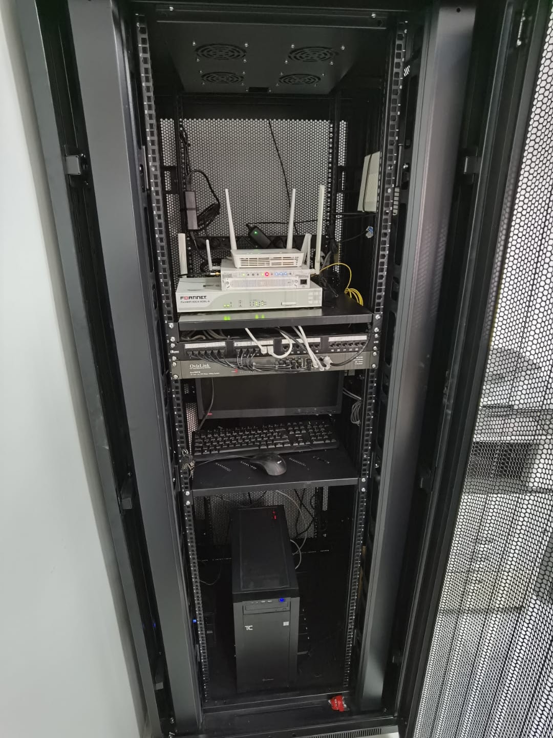 Interior armario rack con servidor instalado